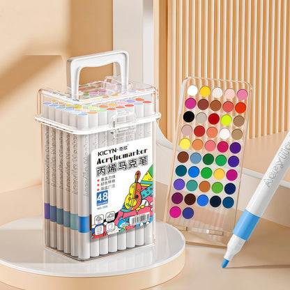 Water-Washable, Non-Bleeding, Layerable Acrylic Markers for Primary School Students - Waterproof, Bucket-Packed Colored Pens 