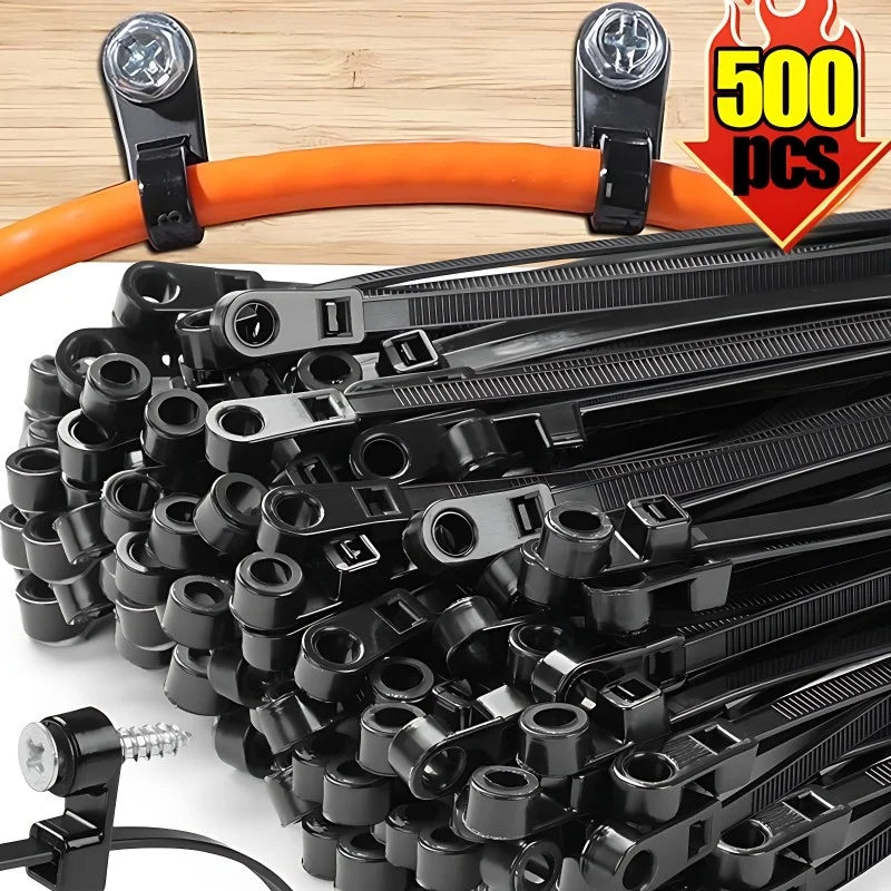 500/100PCS Screw Hole Cable Ties Reusable Fixed Nylon Cable Ties Self-locking Cord Ties Straps Fastening Loop Office Organize