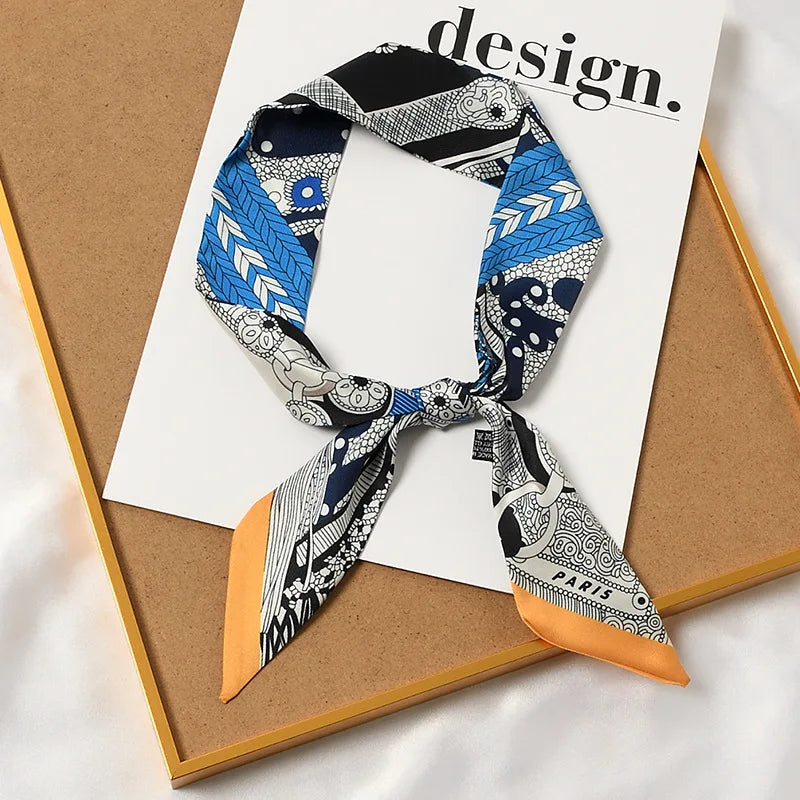 French Retro Print Tying and Wrapping Handle Ribbon Women's Imitation Silk Scarf Light Luxury Saddle Printed Streamer Decorat
