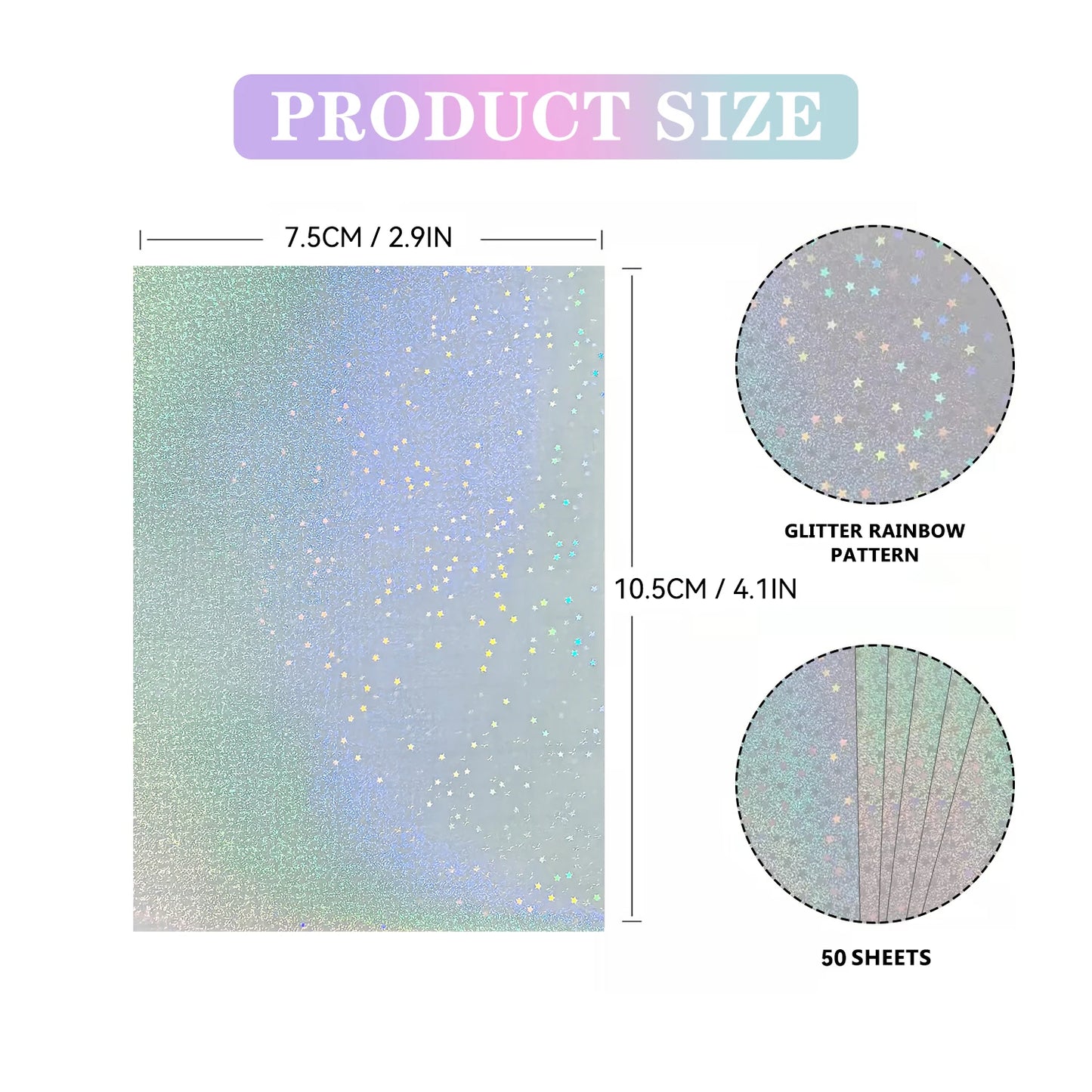 50pcs Holographic Sticker Paper 2.9 X 4.1 Inch Clear Vinyl Self-Adhesive Waterproof Transparent Cold Laminating Film for Craf