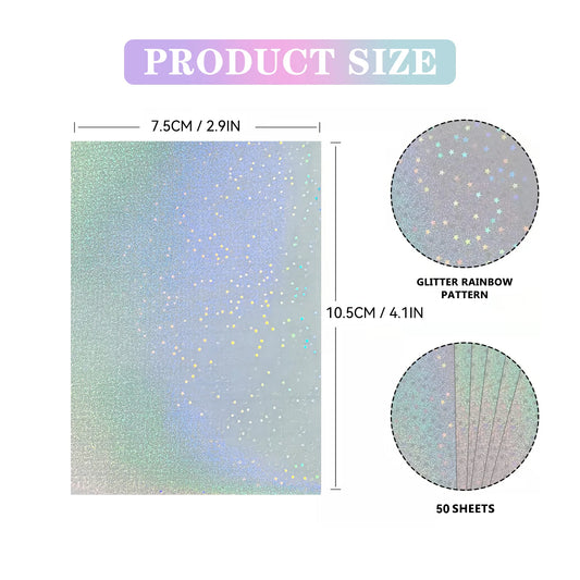 50pcs Holographic Sticker Paper 2.9 X 4.1 Inch Clear Vinyl Self-Adhesive Waterproof Transparent Cold Laminating Film for Craf