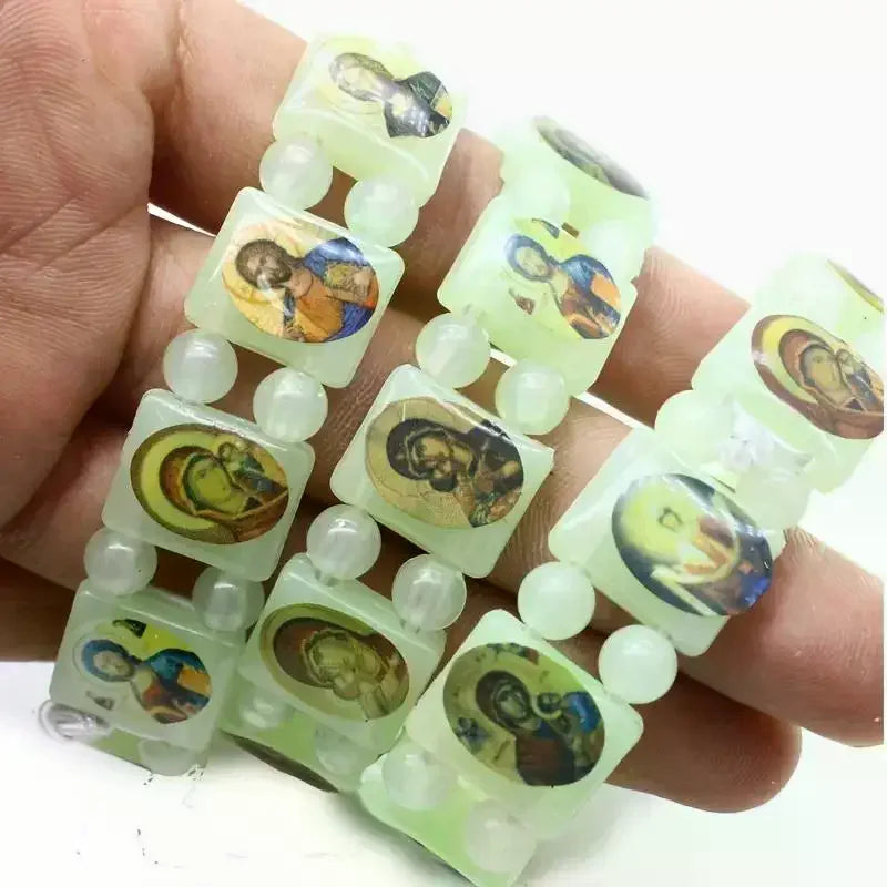 Vintage Jesus And Virgin Mary PVC Rosary Bead Bracelet With Elastic Band Religious Image Stickers For Daily Wear Parties