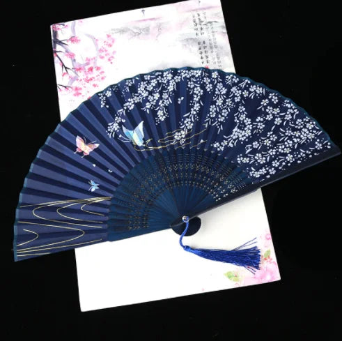 Retro Style Folding Fan Female Japanese Pattern Retro Cloth Art Craft Gift Home Decoration Ornament Dancing Hand Fan - all ov