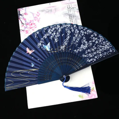 Retro Style Folding Fan Female Japanese Pattern Retro Cloth Art Craft Gift Home Decoration Ornament Dancing Hand Fan - all ov