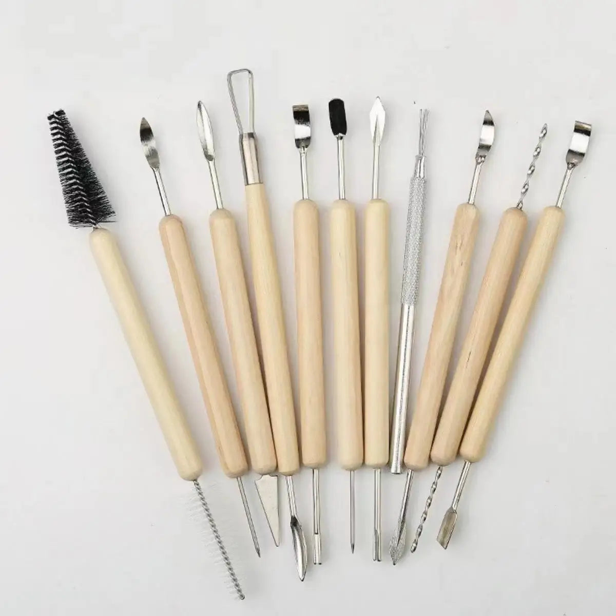 11Pcs Pottery Clay Sculpting Modeling Tool Set Double-Sided Ceramic Polymer Clay Carving Tools Kit With Smooth Wooden Handle 