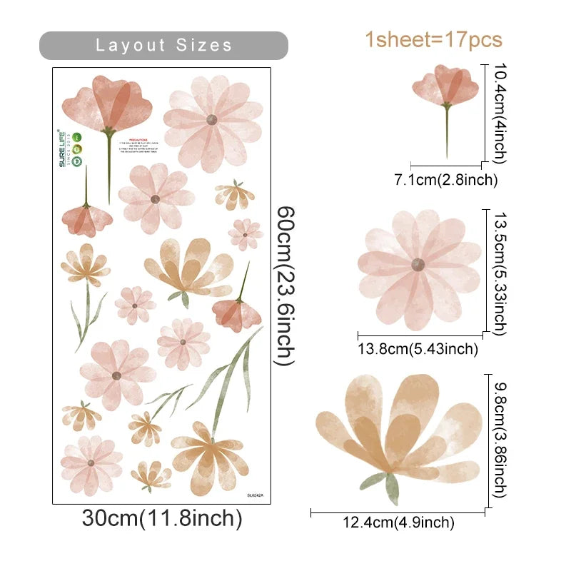 Boho Style Flowers Leaves Watercolor Wall Sticker Nursery Vinyl Wall Art Decals for Living Room Bedroom Kids Room Home Decor 
