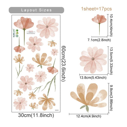 Boho Style Flowers Leaves Watercolor Wall Sticker Nursery Vinyl Wall Art Decals for Living Room Bedroom Kids Room Home Decor 