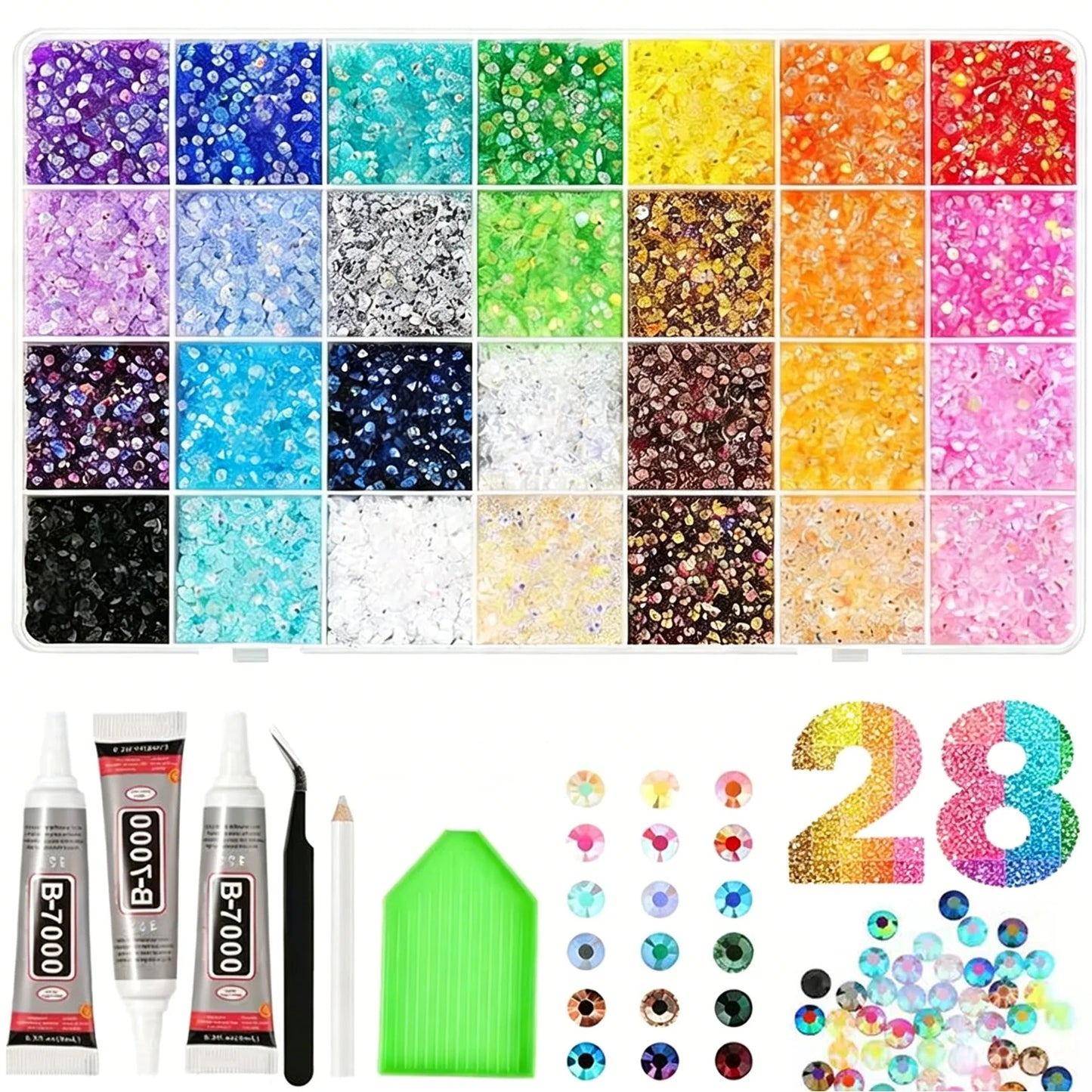 28 grid 3/4/5mm mixed color Jelly/resin drill rhinestone set DIY clothing nail drill phone drill glasses drill hat drill, etc