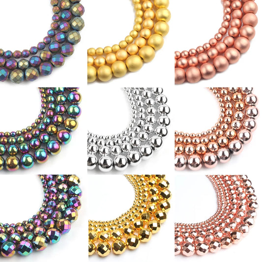 Natural Stones Rhodium Rose Gold Plated Hematite Round Loose Mineral Beads for Bracelet DIY Jewelry Making 15inch 2/3/4/6/8/1