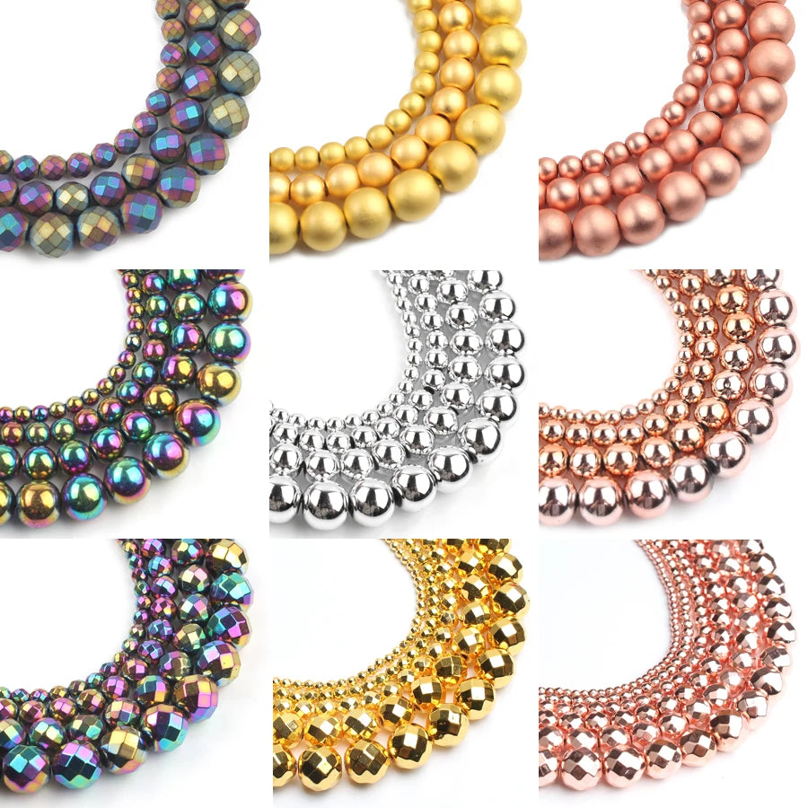 Natural Stones Rhodium Rose Gold Plated Hematite Round Loose Mineral Beads for Bracelet DIY Jewelry Making 15inch 2/3/4/6/8/1