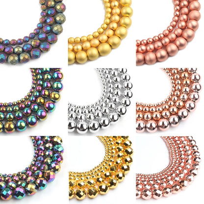 Natural Stones Rhodium Rose Gold Plated Hematite Round Loose Mineral Beads for Bracelet DIY Jewelry Making 15inch 2/3/4/6/8/1