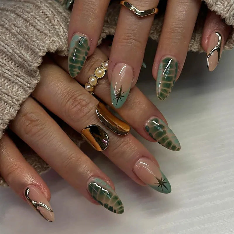 24pcs Long Almond Press on Nails False Nails with Golden Decoration Wearable Stick-on Nails Fake Nail Uñas Накладные Ногти 네일