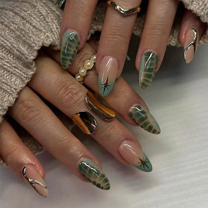 24pcs Long Almond Press on Nails False Nails with Golden Decoration Wearable Stick-on Nails Fake Nail Uñas Накладные Ногти 네일