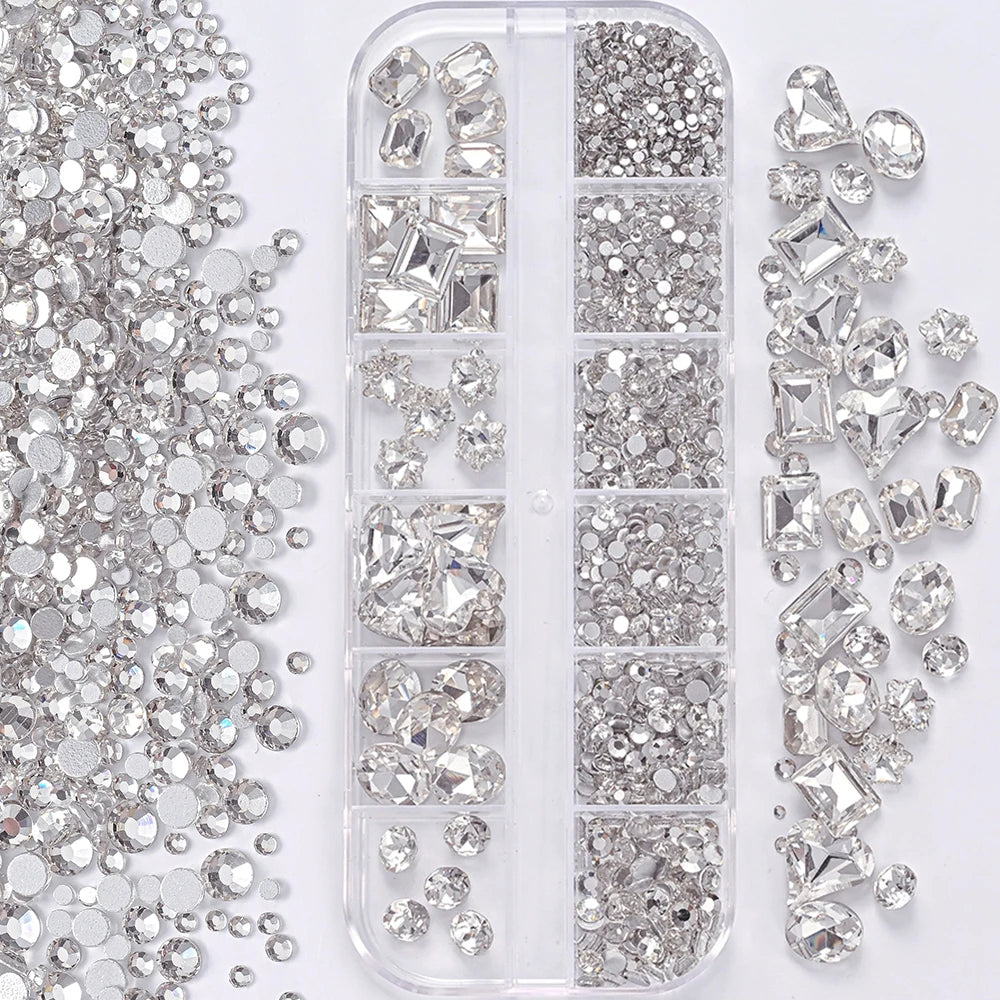 1Box 3D Clear Nail Art Rhinestones 12Shapes Mixed Oval,Butterfly,Heart,Flower,Round Diamond Nail Charms DIY Nail Art Decorati