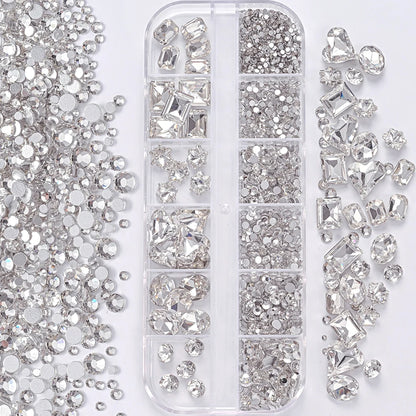 1Box 3D Clear Nail Art Rhinestones 12Shapes Mixed Oval,Butterfly,Heart,Flower,Round Diamond Nail Charms DIY Nail Art Decorati