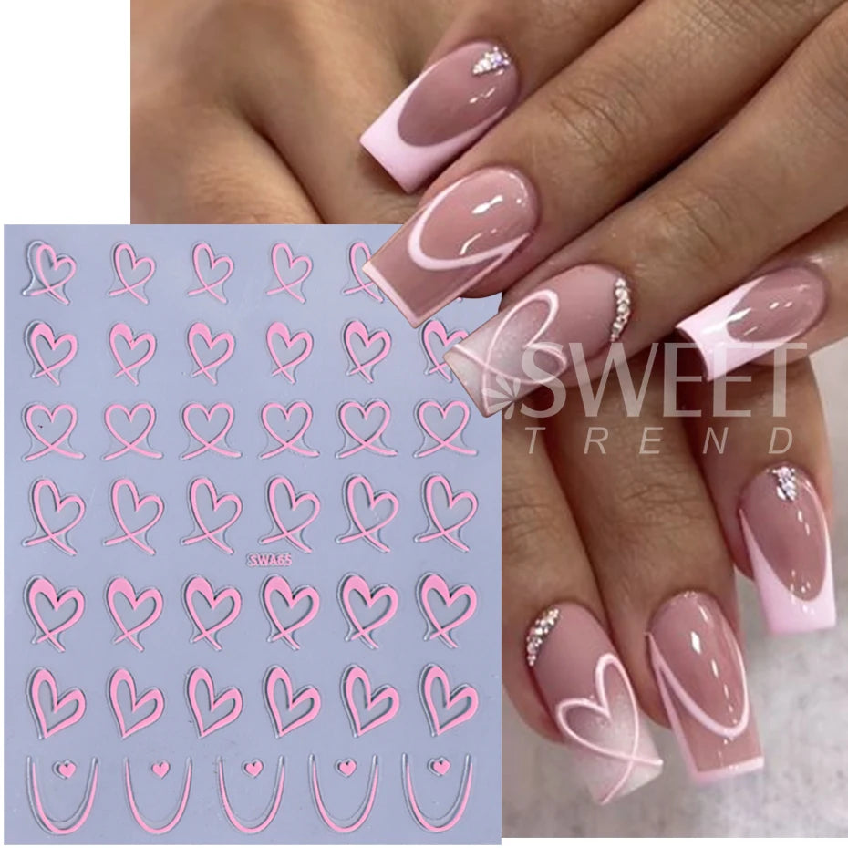 3pcs Valentine's Day Nail Art Stickers 3D Black White Pink Lines Love Heart Nail Decals DIY Adhesive Slider Manicure Decorati