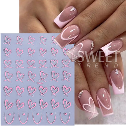 3pcs Valentine's Day Nail Art Stickers 3D Black White Pink Lines Love Heart Nail Decals DIY Adhesive Slider Manicure Decorati