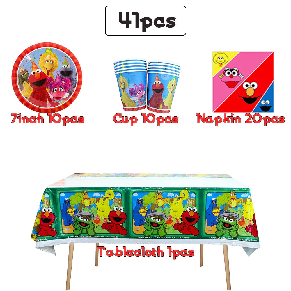 Cartoon Sesames Street Birthday Party Decor Elmo and Friends Theme Tablecloth Plate Balloon Set Cake Decor Baby Shower - 1Set