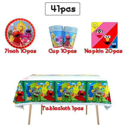 Cartoon Sesames Street Birthday Party Decor Elmo and Friends Theme Tablecloth Plate Balloon Set Cake Decor Baby Shower - 1Set