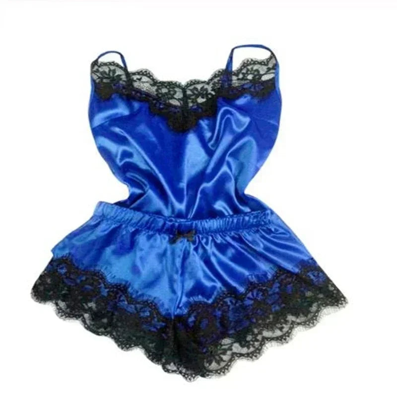 Lace Satin Pajama Set for Women Sleepwear V-Neck Stretch Sexy Lingerie Strap Vest Top Shorts Nightwear Pijamas - Blue / M