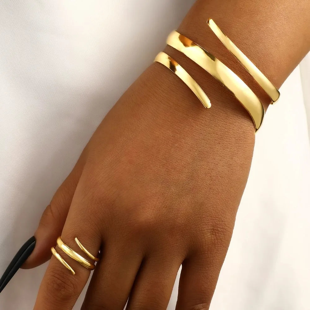 European and American Thick Bracelet and Ring Jewelry Set for Women Gold Color Geometric Line Bracelet Ring Combination Set G