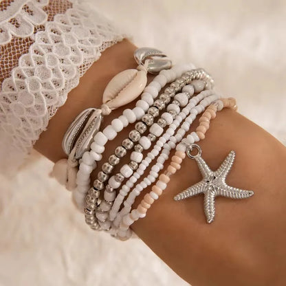 Tocona Bohemian Resort Style Shell Beaded Weaving Bracelet Beach Style Starfish Rice Beads Seven Piece Set for Women 25134 - 