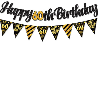 Black Gold Happy 21 30 40 50 60 70th 80th 90th Birthday Banner Garland Hanging for DIY Adult Party Decoration
