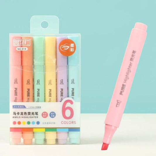 6Pcs/set Pastel Color Macaron Highlighter Pen Marker Pens Fluorescent Pen Drawing Highlighters Cute Stationery School Supplie