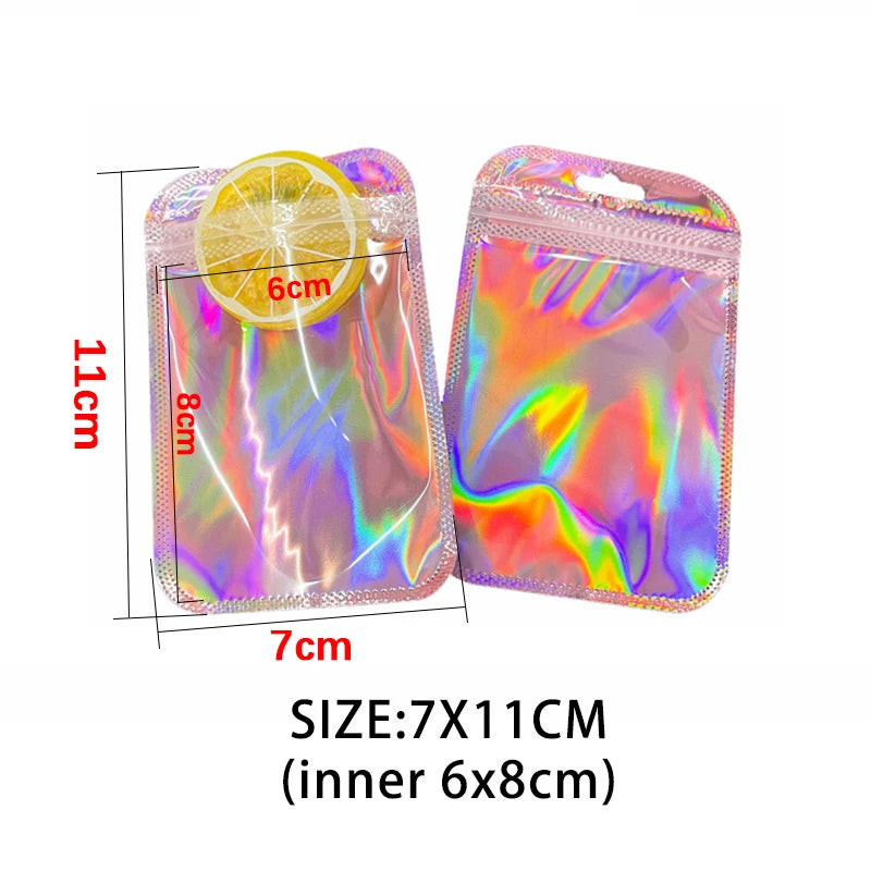 50pcs Iridescent Self Sealing Bags Pink Laser Plastic Pouches Resealable Zip Lock Packaging for Jewelry Display Retail Bags -