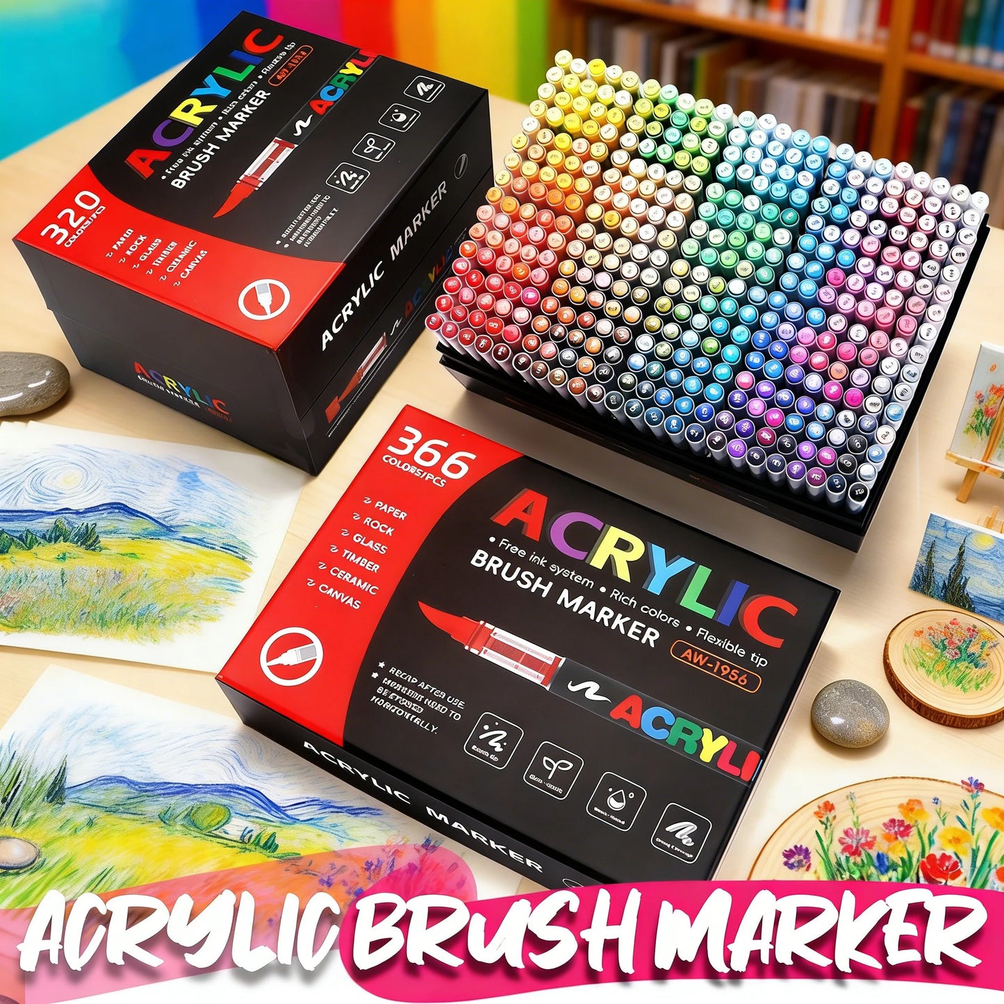 12-366 Colors Acrylic Painting Marker Waterproof Acrylic Brush Marker Professional Acrylic Marker Set DIY Coloring Art Suppli