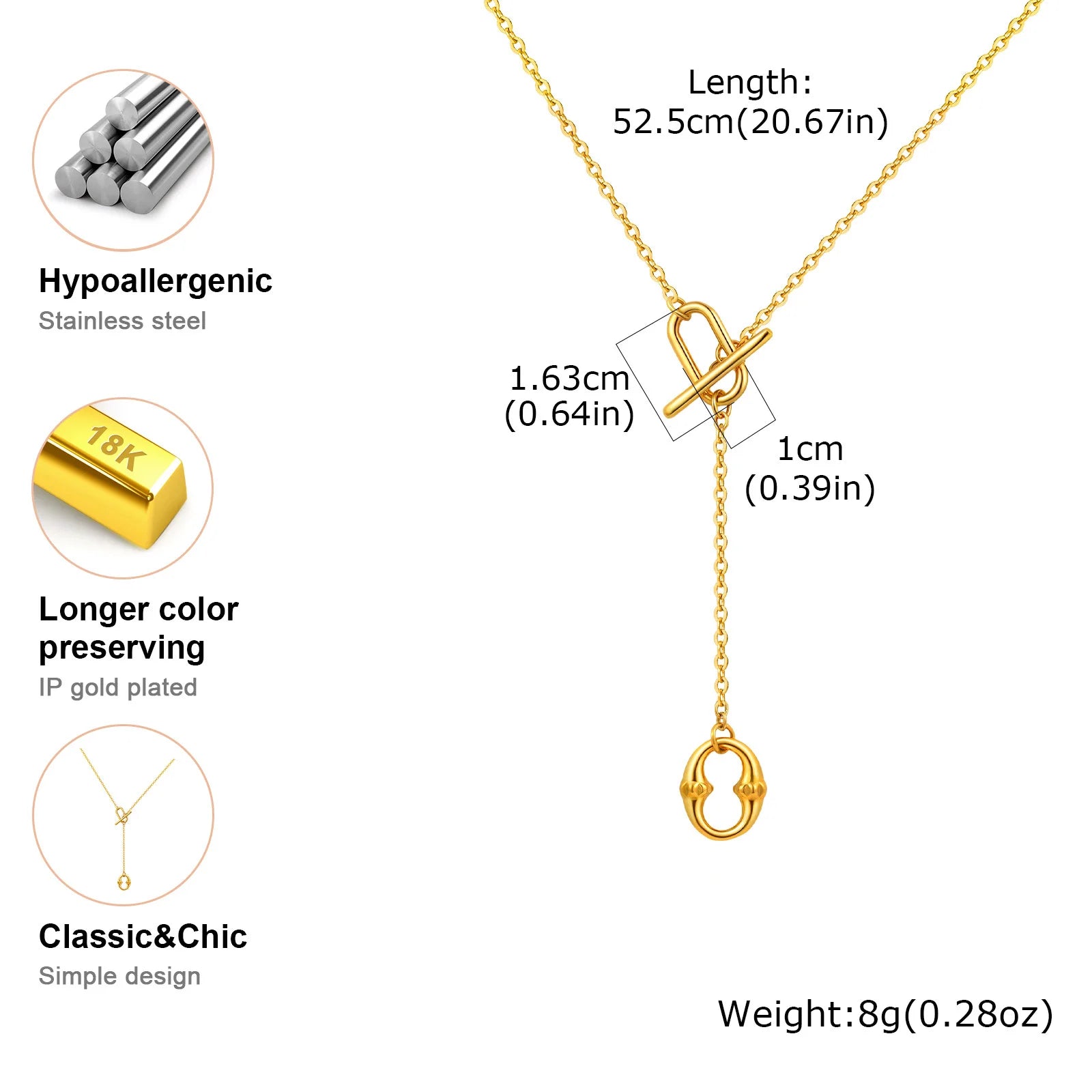 Lariat Necklace Women, Gold Plated Long Toggle Necklace, Y-shaped Geometric Drop Pendant Stainless Steel Collar Jewelry