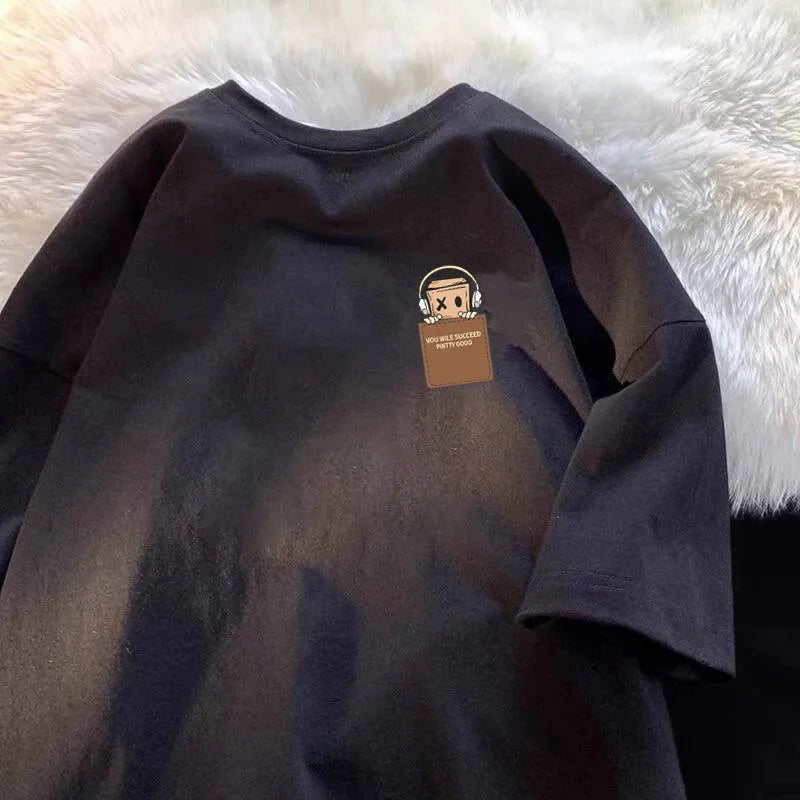 American Style Vintage Fashion Simple Design Print Cotton Men T Shirt Oversized Sports Short Sleeve Round Neck Couple Unisex 