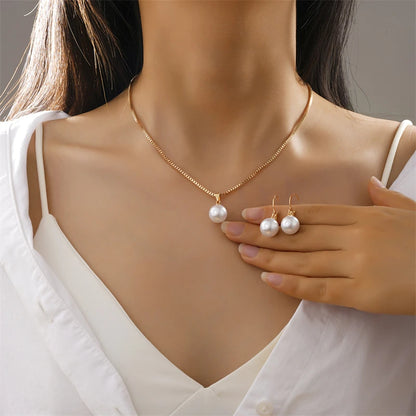 Fashion Elegant Imitation Pearl Pendant Jewelry Set for Women Vintage Gold Color Chain Necklace Earring Girl Wedding Party Gi