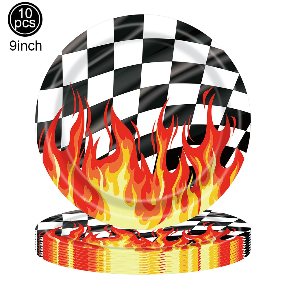 Racing Car Theme 3-Tier Round Cardboard Cupcake Stand Cars Birthday Party Tablecloth Black and White Checkered Decor Supplies