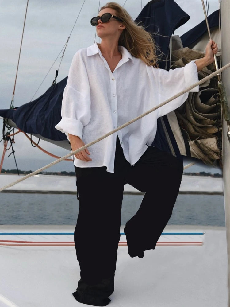 White Women's Linen Shirt Long Sleeve Elegant Pink Oversize Blouse Vintage Spring Basic Top Collar Cotton Linen Shirt for Wom