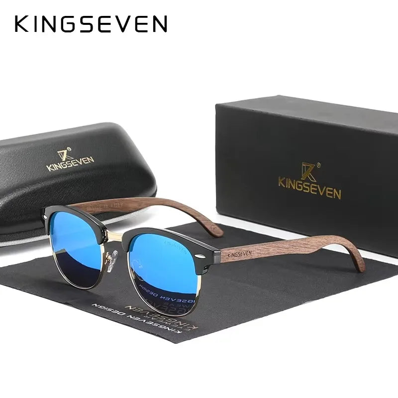 KINGSEVEN Brand Walnut Sunglasses Men Women Polarized UV400 Lens Wood Round Frame Glasses Vintage Retro Luxury Eyewear Patchw
