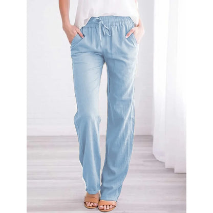 Women Cotton Linen Drawstring Pants Elastic Waist Casual Solid Color Trousers Baggy Loose Straight Leg Breathable Sweatpants 