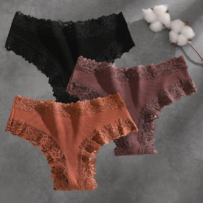 3Pcs Cotton Lace Patchwork Bikini Panties Women Seamless Floral Print Brazilian Pants Low Waist Breathable Female Sexy Linger