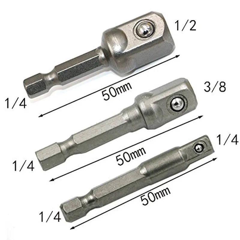 Chrome Vanadium Steel Socket Adapter Set Hex Shank 1/4" 3/8" 1/2" Extension Drill Bits Bar Set Power Tools TF003 - 3pcs 1 4  