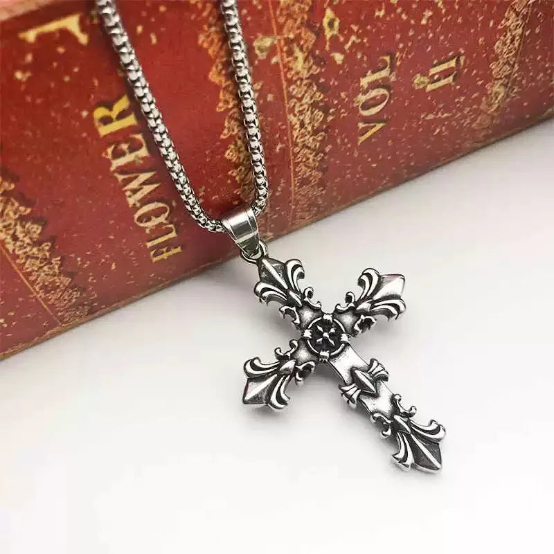 Fashion Stainless Steel Jewelry Set for Men Unisex Vintage Silver Color Cross Pendant Necklace, Bracelet Sets Punk Streetwear