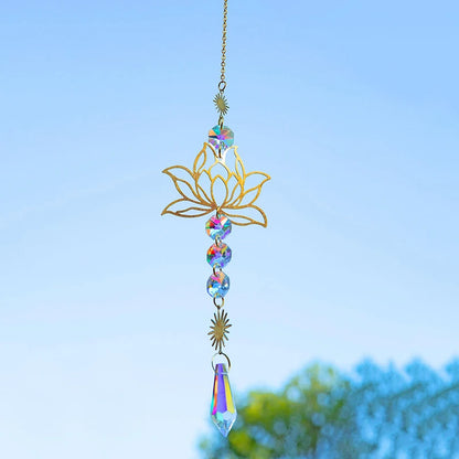 1PcMetalLotusandArtificial Crystal Suncatcher Charm Handmade Applicable Home Wind Chime Pendant Outdoor Garden Plant Decorati