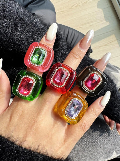Colorful Diamond-Studded Gemstone Resin Ring Sparkling, Unique, Fashionable Women's Jewelry Perfect for Parties Banquets NEW