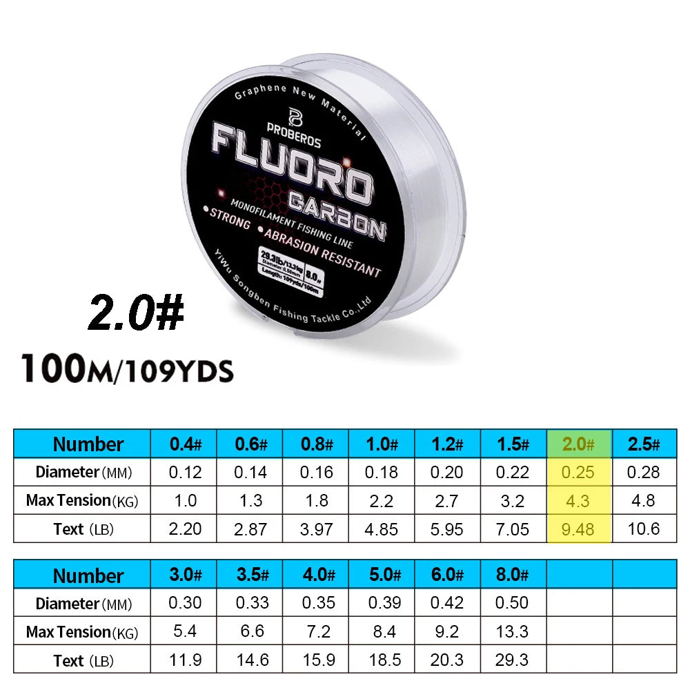PROBEROS 100M Fluorocarbon Coating Fishing Line 2.2LB-29.3LB Carbon Fiber Monofilament Leader Line Carp Fishing Sinking Line 