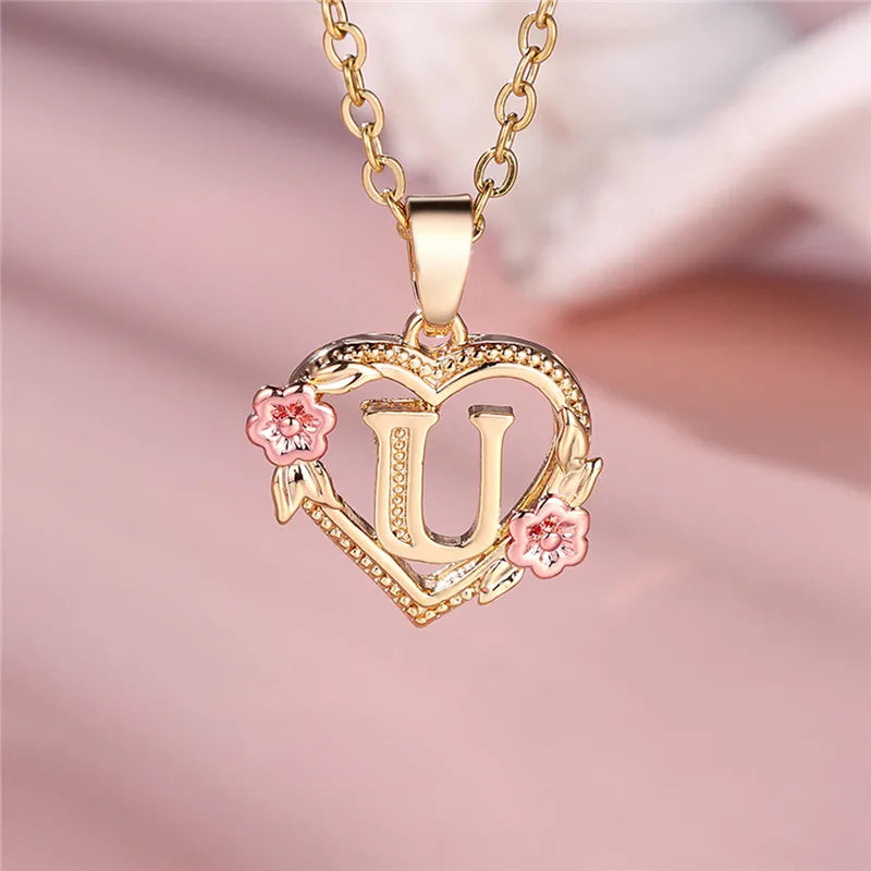 Female A-Z Letter Flower Pendant Necklace Yellow Gold Color Wedding Jewelry Gift For Women - U