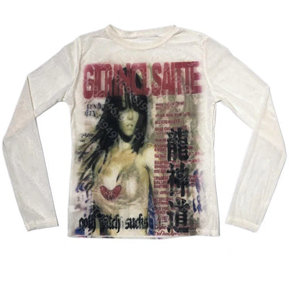 Punk Aesthetic Vintage Y2K Long Sleeve T-shirt Print Cute Grunge Tee Emo Girls Clothes Gothic Fairycore Women's Streetwear
