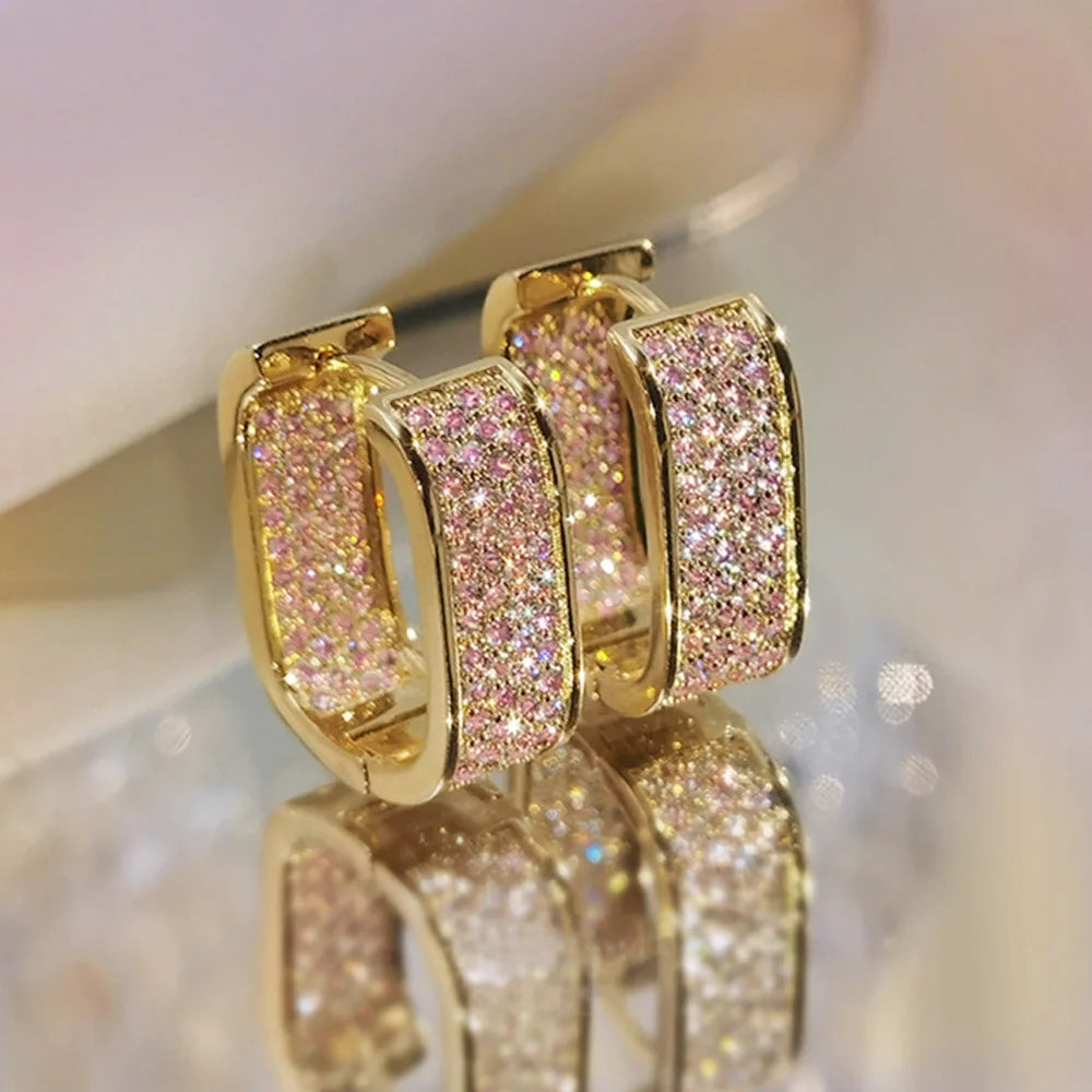 Luxury Full of Zircon Shiny Geometric Square Hoop Earrings for Women Temperament Gold Color Stainless Steel Korea Jewelry Gif