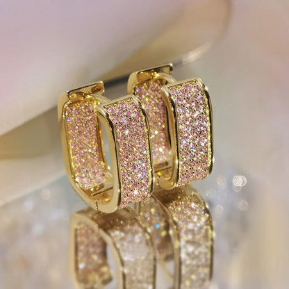 Luxury Full of Zircon Shiny Geometric Square Hoop Earrings for Women Temperament Gold Color Stainless Steel Korea Jewelry Gif