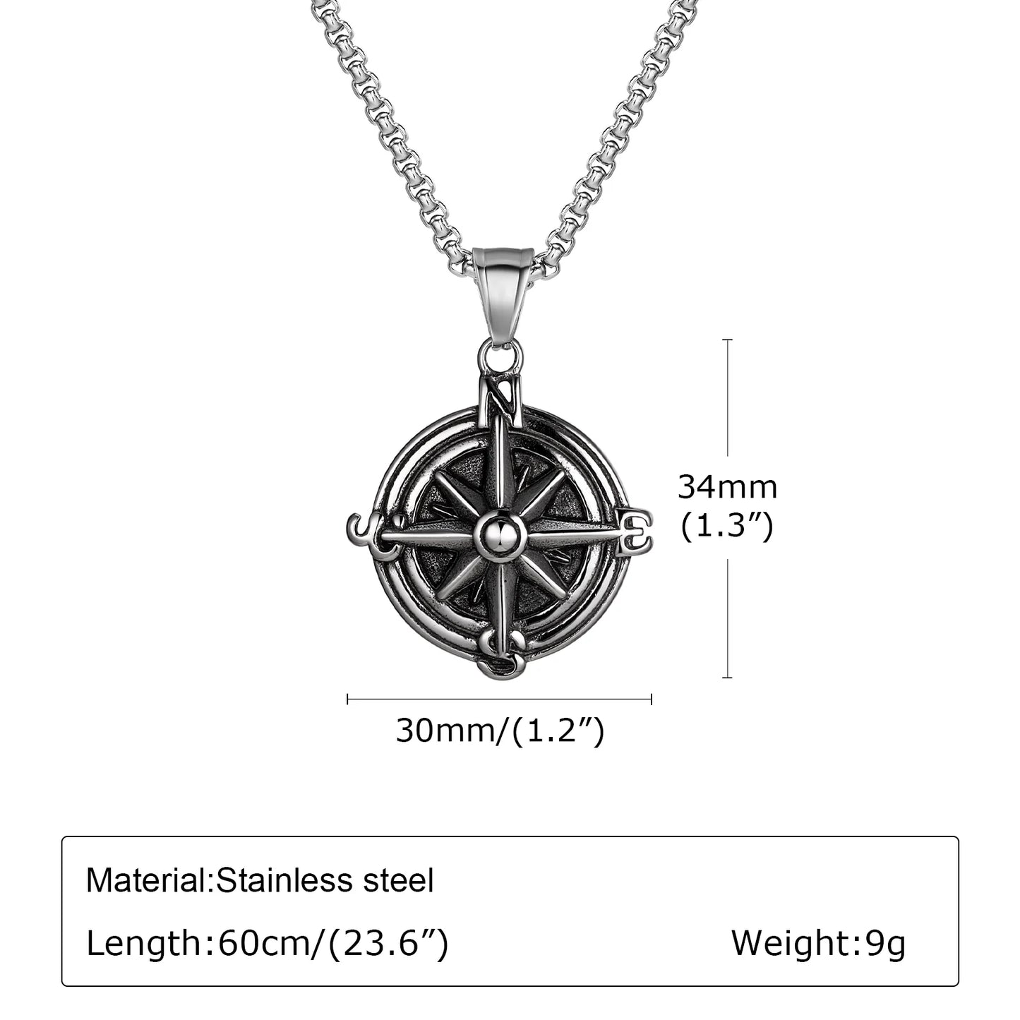 Vintage Compass Pendant Necklaces for Men Boys, Stainless Steel Coin Necklace, Rock Hiphop Collar Graduation Guide Gift - PN-