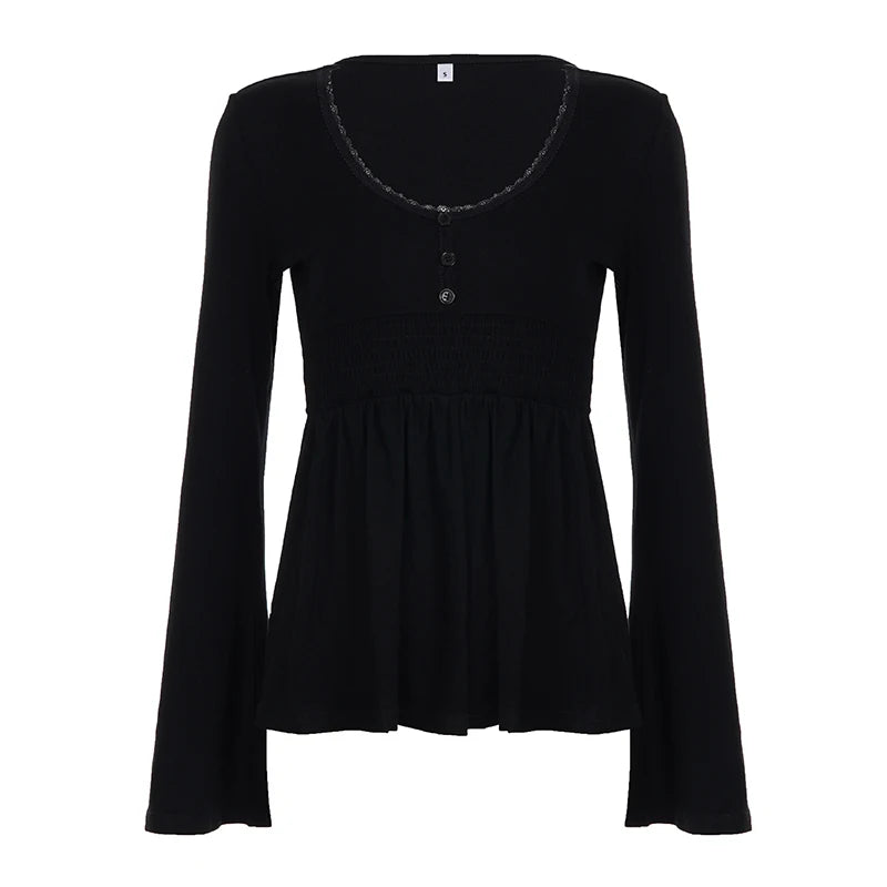 SUCHCUTE Women Solid Lace Trim Patchwork Button Flared Sleeves Shirt Casual V Neck Knit Top Y2k Aesthetic Fall Clothes Fairyc