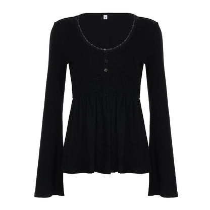 SUCHCUTE Women Solid Lace Trim Patchwork Button Flared Sleeves Shirt Casual V Neck Knit Top Y2k Aesthetic Fall Clothes Fairyc